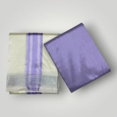 HORAD Premium Art Silk Cream with Lavender+Silver Border Dhoti with Lavender Shirt Material + Angavastram + Belt