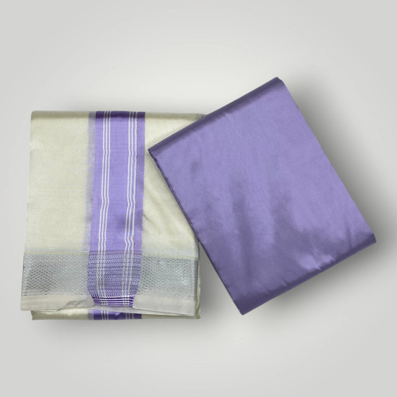 HORAD Premium Art Silk Cream with Lavender+Silver Border Dhoti with Lavender Shirt Material + Angavastram + Belt
