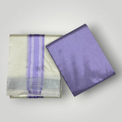 HORAD Premium Art Silk Cream with Lavender+Silver Border Dhoti with Lavender Shirt Material