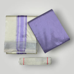 Horad Premium Art Silk Lavender Shirt + Cream with Lavender + Silver Border Dhoti + Angavastram + Belt