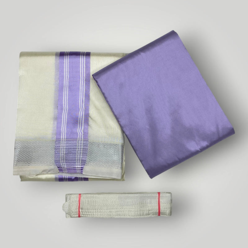 Horad Premium Art Silk Lavender Shirt + Cream with Lavender + Silver Border Dhoti + Angavastram + Belt
