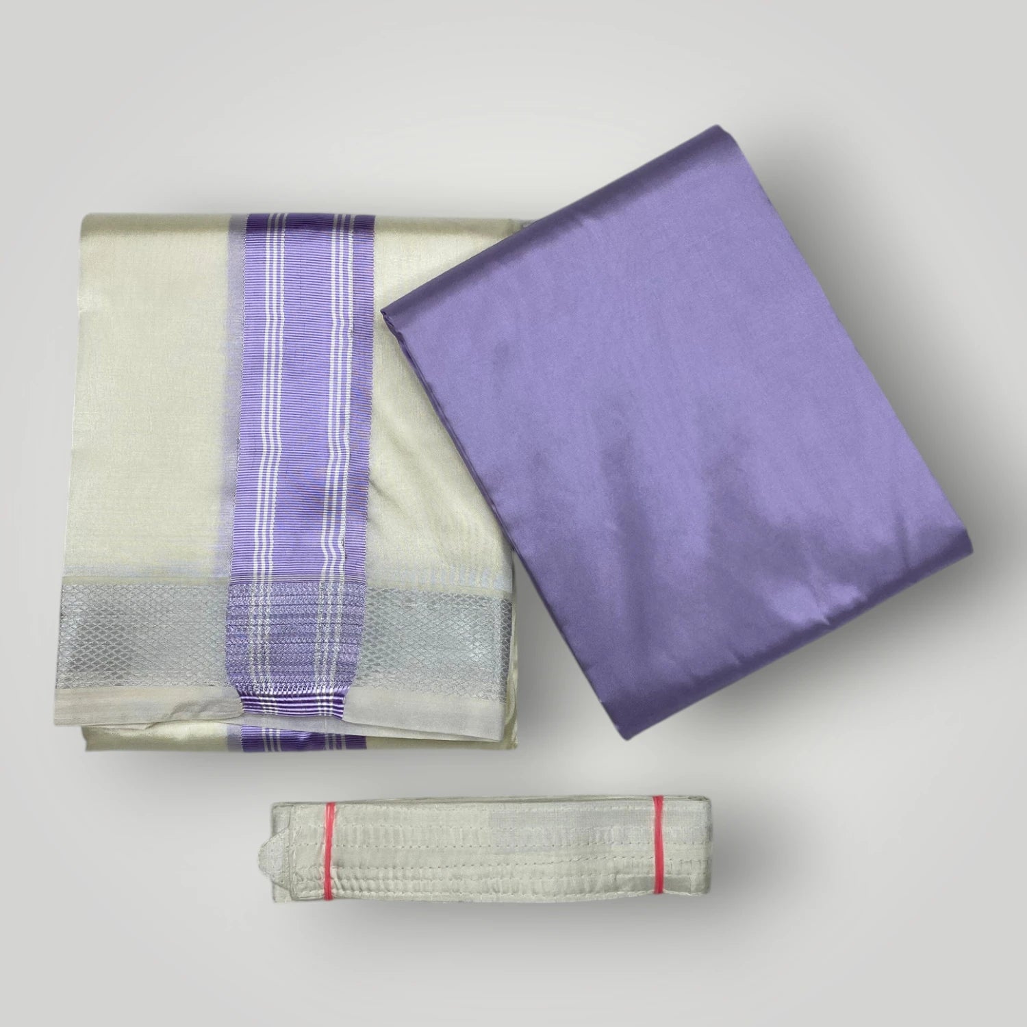 HORAD Premium Art Silk Cream with Lavender+Silver Border Dhoti with La