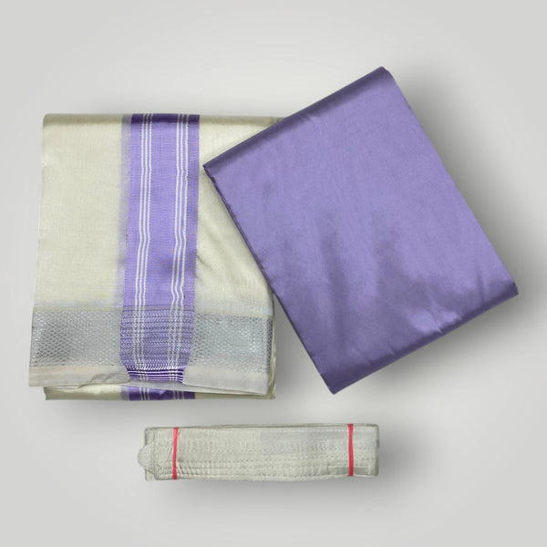 HORAD Premium Art Silk Cream with Lavender+Silver Border Dhoti with Lavender Shirt Material + Belt