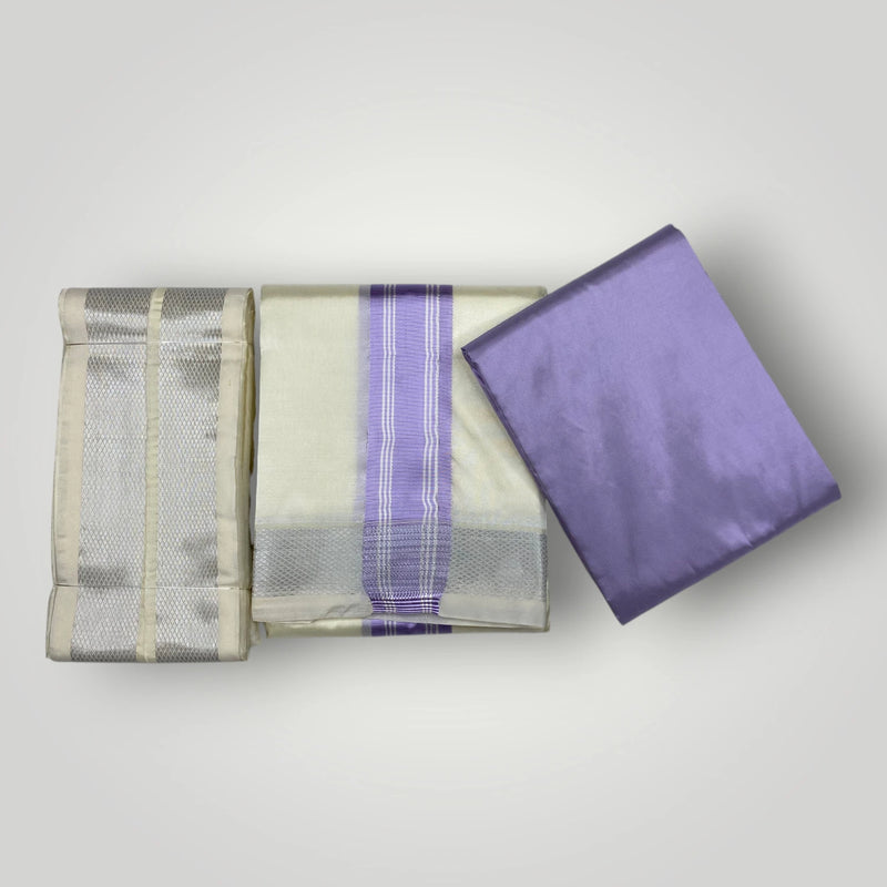 HORAD Premium Art Silk Cream with Lavender+Silver Border Dhoti with Lavender Shirt Material + Angavastram