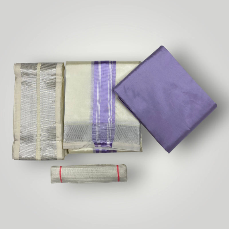 Horad Premium Art Silk Lavender Shirt + Cream with Lavender + Silver Border Dhoti + Angavastram + Belt