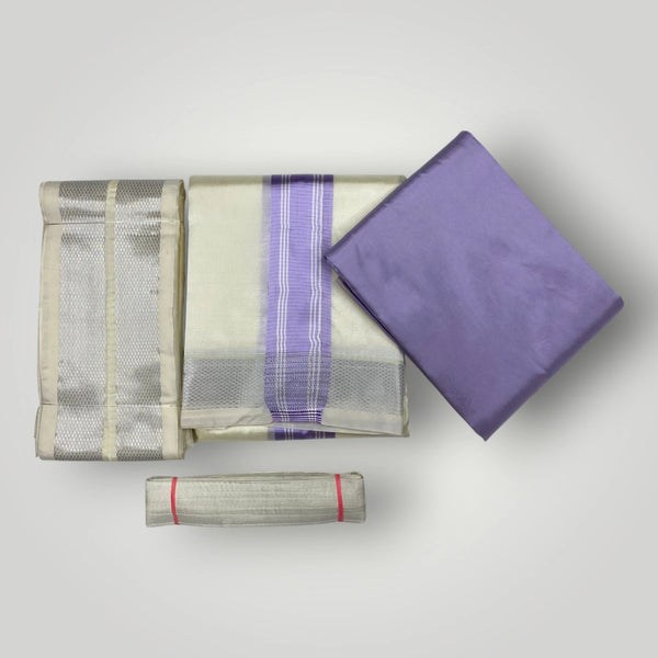 HORAD Premium Art Silk Cream with Lavender+Silver Border Dhoti with Lavender Shirt Material + Angavastram + Belt