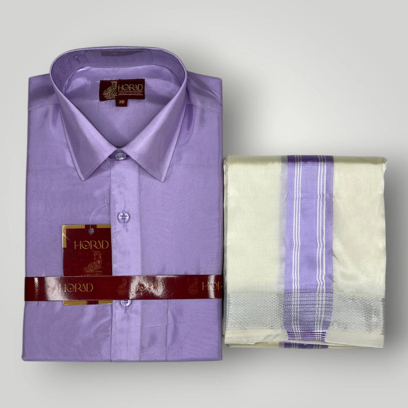 Horad Premium Art Silk Lavender Shirt + Cream with Lavender + Silver Border Dhoti