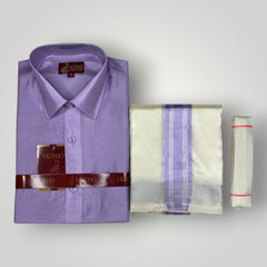 Horad Premium Art Silk Lavender Shirt + Cream with Lavender + Silver Border Dhoti + Belt