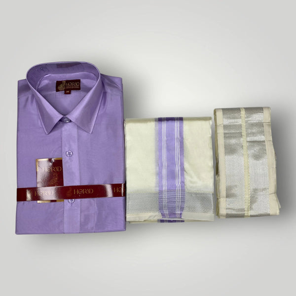 Horad Premium Art Silk Lavender Shirt + Cream with Lavender + Silver Border Dhoti + Angavastram
