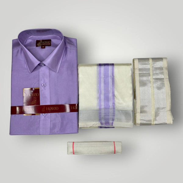 Horad Premium Art Silk Lavender Shirt + Cream with Lavender+Silver Border Dhoti + Angavastram + Belt