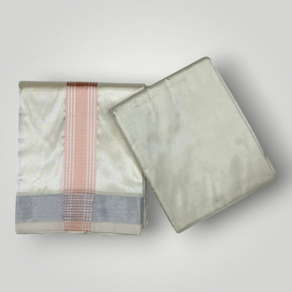 HORAD Premium Art Silk Cream with Rose Gold+Silver Border Dhoti with Cream Shirt Material + Belt