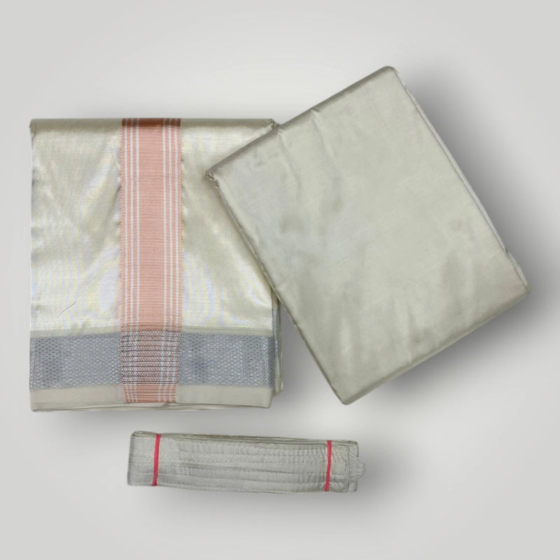HORAD Premium Art Silk Cream with Rose Gold+Silver Border Dhoti with Cream Shirt Material + Belt