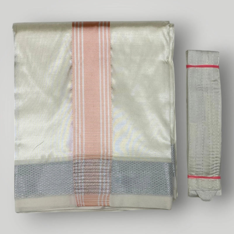 Horad Premium Art Silk Cream Shirt + Cream with Rose Gold+Silver Border Dhoti + Belt