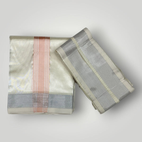 Horad Premium Art Silk Cream Shirt +Cream with Rose Gold+Silver Border Dhoti + Angavastram