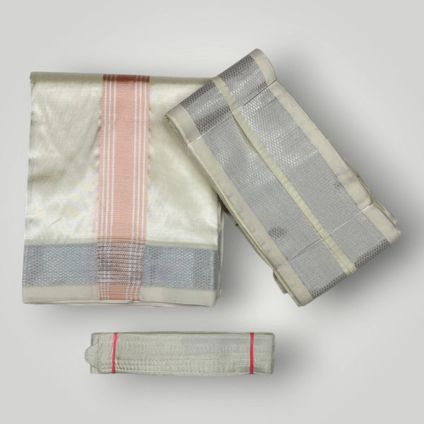 Horad Premium Art Silk Cream  Shirt + Cream with Rose Gold+Silver Border Dhoti + Angavastram + Belt