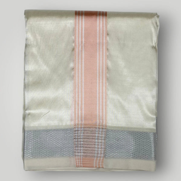 HORAD Premium Art Silk Cream with Rose Gold+Silver Border Dhoti with Cream Shirt Material + Angavastram
