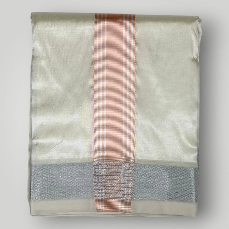HORAD Premium Art Silk Cream with Rose Gold+Silver Border Dhoti + Angavastram + Belt