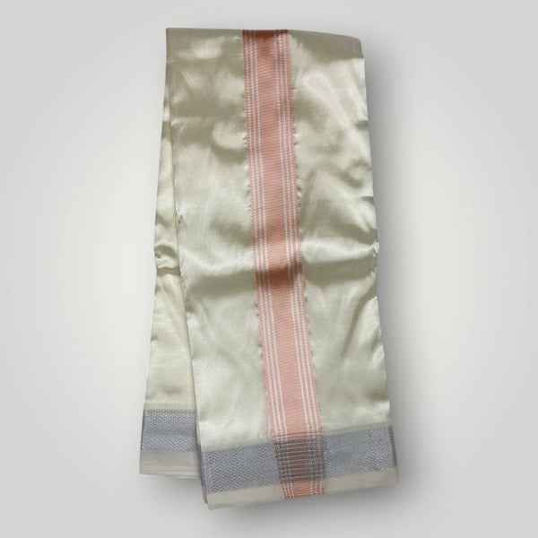 HORAD Premium Art Silk Cream with Rose Gold+Silver Border Dhoti with Cream Shirt Material + Angavastram