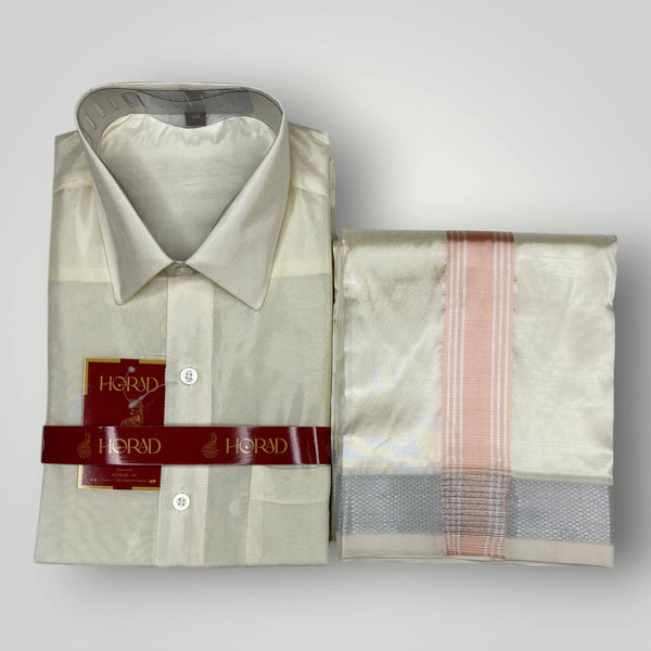 Horad Premium Art Silk Cream Shirt + Cream with Rose Gold+Silver Border Dhoti