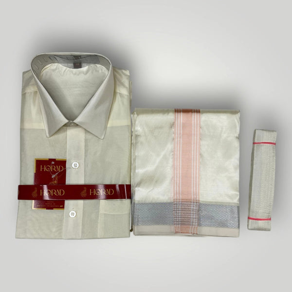 Horad Premium Art Silk Cream Shirt + Cream with Rose Gold+Silver Border Dhoti + Belt