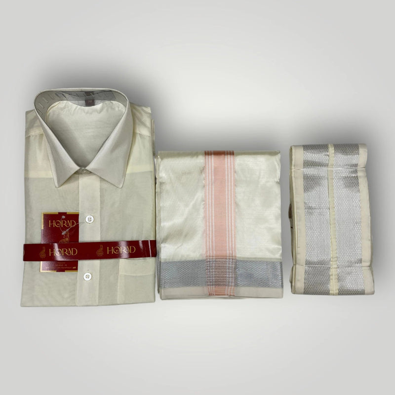 Horad Premium Art Silk Cream Shirt +Cream with Rose Gold+Silver Border Dhoti + Angavastram