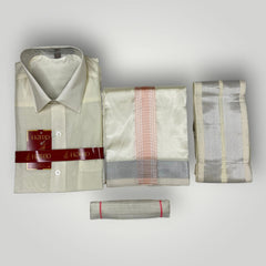 Horad Premium Art Silk Cream  Shirt + Cream with Rose Gold+Silver Border Dhoti + Angavastram + Belt