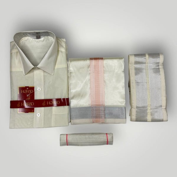 Horad Premium Art Silk Cream  Shirt + Cream with Rose Gold+Silver Border Dhoti + Angavastram + Belt