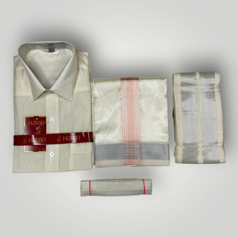Horad Premium Art Silk Cream  Shirt + Cream with Rose Gold+Silver Border Dhoti + Angavastram + Belt