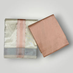 HORAD Premium Art Silk Cream with Rose Gold+Silver Border Dhoti with Cream Shirt Material + Angavastram + Belt