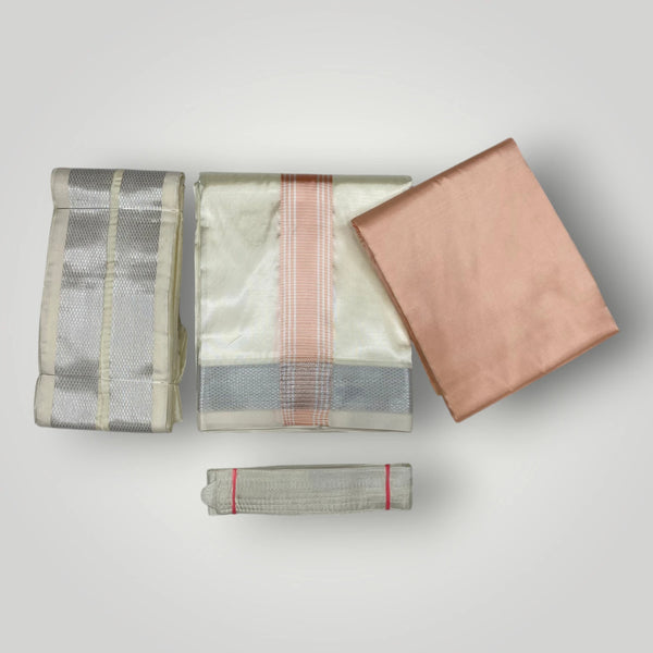 HORAD Premium Art Silk Cream with Rose Gold+Silver Border Dhoti with Cream Shirt Material + Angavastram + Belt