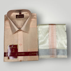 Horad Premium Art Silk RoseGold Shirt + Cream with RoseGold+Silver Border Dhoti