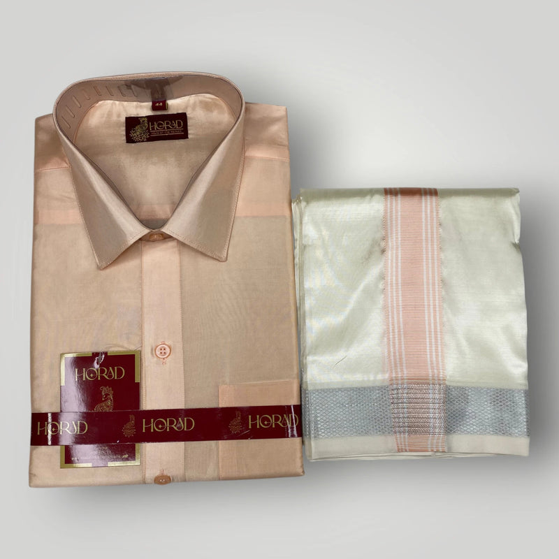 Horad Premium Art Silk RoseGold Shirt + Cream with RoseGold+Silver Border Dhoti