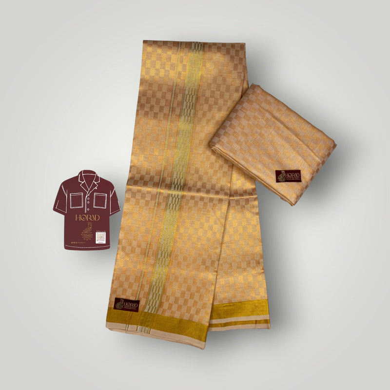 Horad Kora Cotton Tissue Square Emboss Light Orange Shirt Material+Dhoti