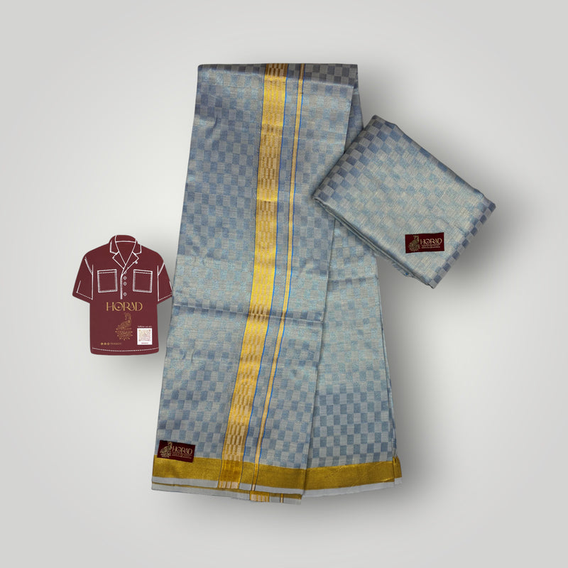 Horad Kora Cotton Tissue Square Emboss Blue Shirt Material+Dhoti