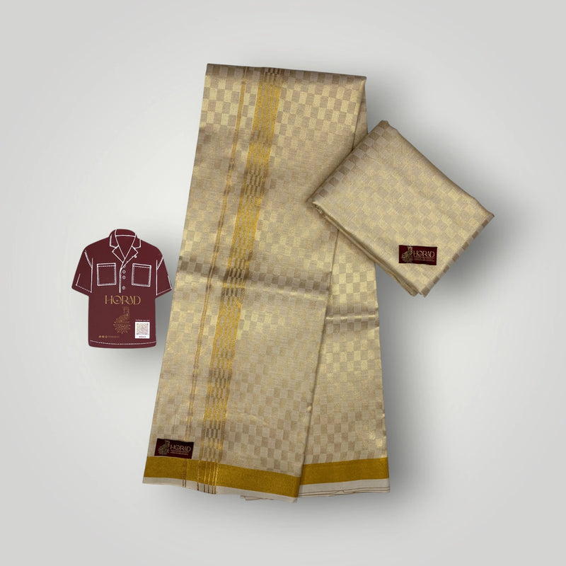 Horad Kora Cotton Tissue Square Emboss Light Gold Shirt Material+Dhoti