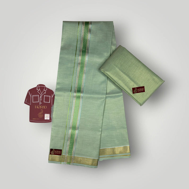 Horad Kora Cotton Tissue Leaf Green Fancy Border Shirt Material+Dhoti
