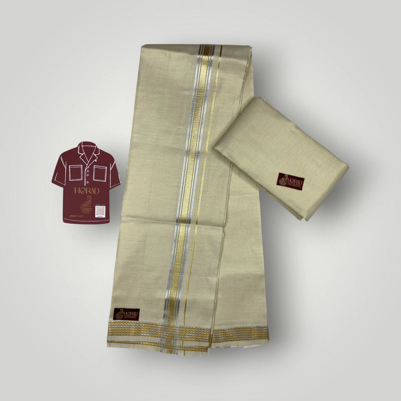 Horad Kora Cotton Tissue Light Gold Fancy Border Shirt Material+Dhoti