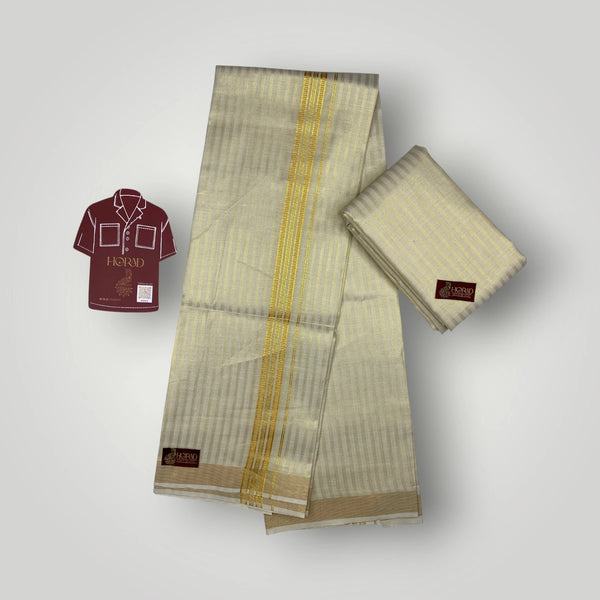 Horad Kora Cotton Tissue Emboss Lines Light Gold Shirt Material+Dhoti