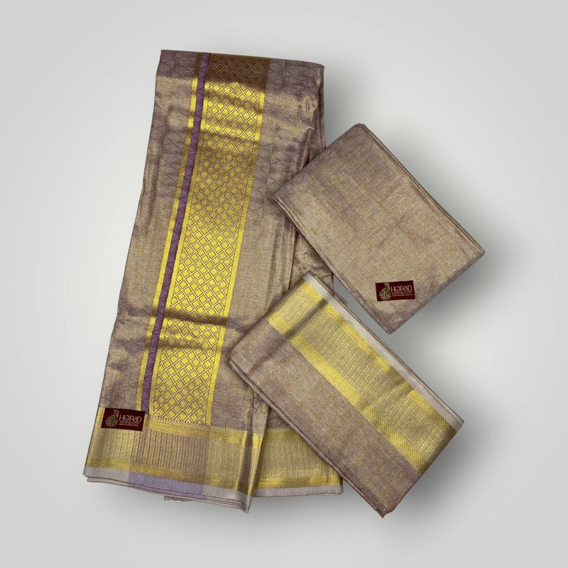 Horad Premium Art Silk Emboss Sandstone Shirt Material+Dhoti+Angavastram