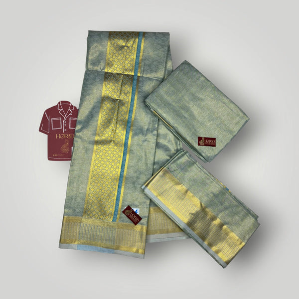 Horad Premium Art Silk Emboss Forest Green Shirt Material+Dhoti+Angavastram