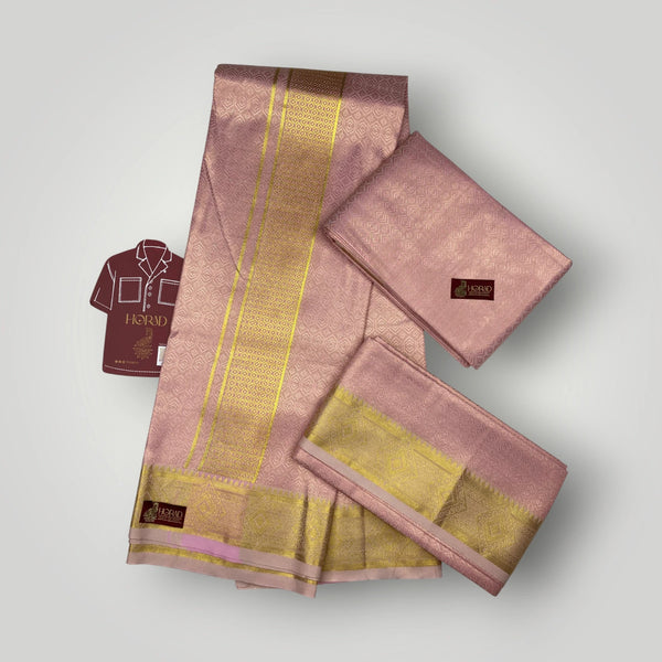 Horad Premium Art Silk Emboss Petal Pink Shirt Material+Dhoti+Angavastram