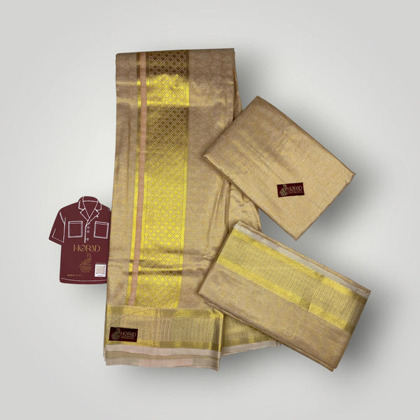 Horad Premium Art Silk Emboss Light Gold Shirt Material+Dhoti+Angavastram