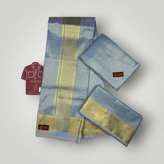 Horad Premium Art Silk Tissue Emboss Sky Blue Shirt Material+Dhoti+Angavastram