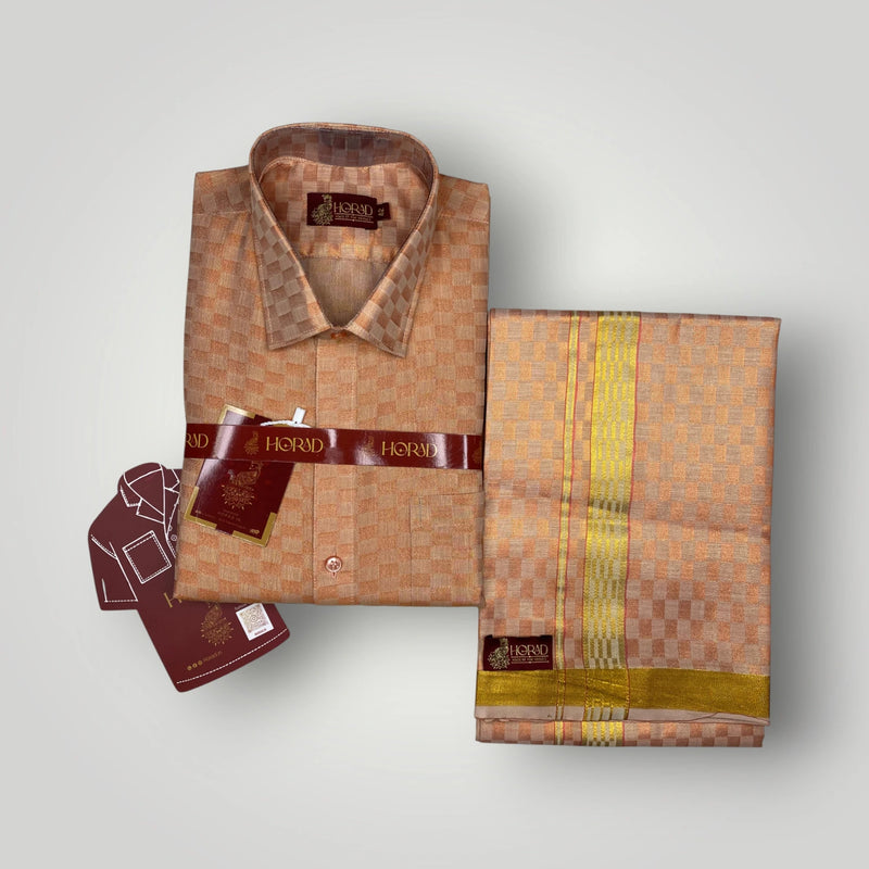 Horad Kora Cotton Tissue Square Emboss Red Shirt+Dhoti
