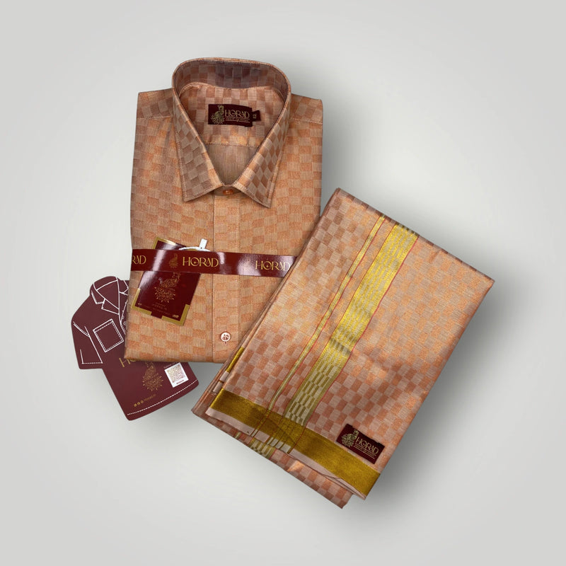 Horad Kora Cotton Tissue Square Emboss Red Shirt+Dhoti