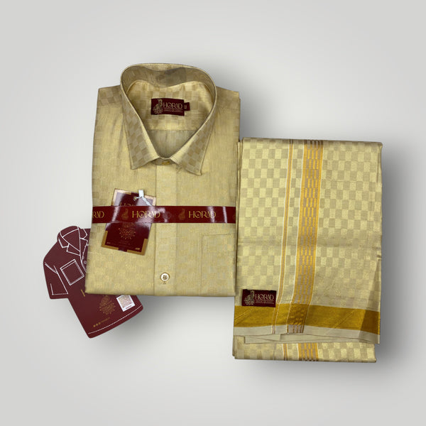 Horad Kora Cotton Tissue Square Emboss Light Gold Shirt  + Dhoti