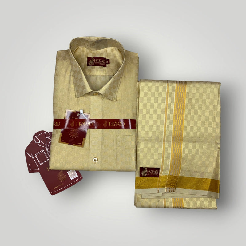 Horad Kora Cotton Tissue Square Emboss Light Gold Shirt  + Dhoti