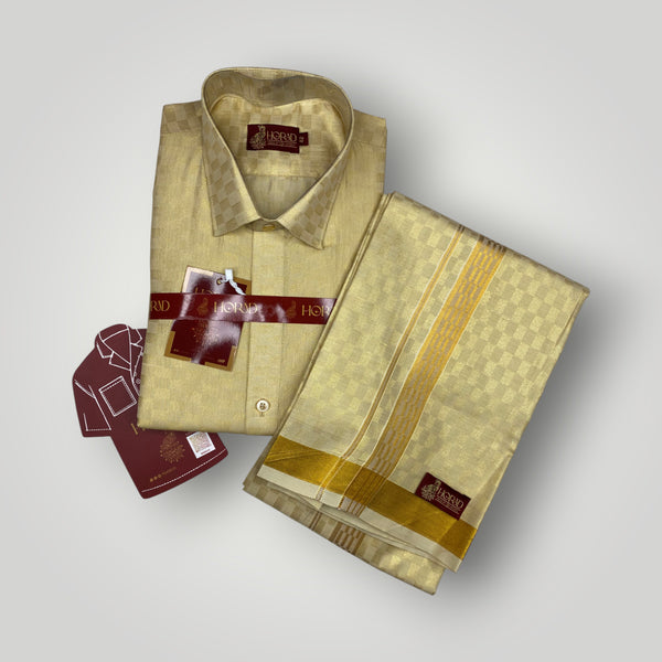 Horad Kora Cotton Tissue Square Emboss Light Gold Shirt  + Dhoti