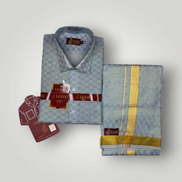 Horad Kora Cotton Tissue Square Emboss Blue Shirt  + Dhoti