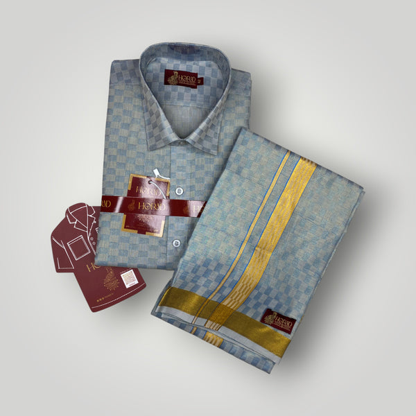 Horad Kora Cotton Tissue Square Emboss Blue Shirt  + Dhoti